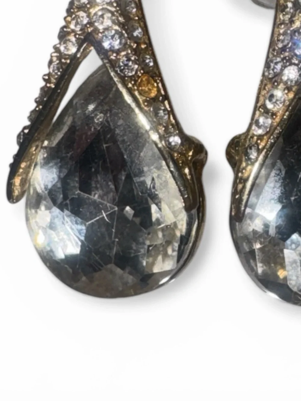 Vintage Pierced Gold Accented Clear Teardrop Heavy Costume Crystal Drop Earrings